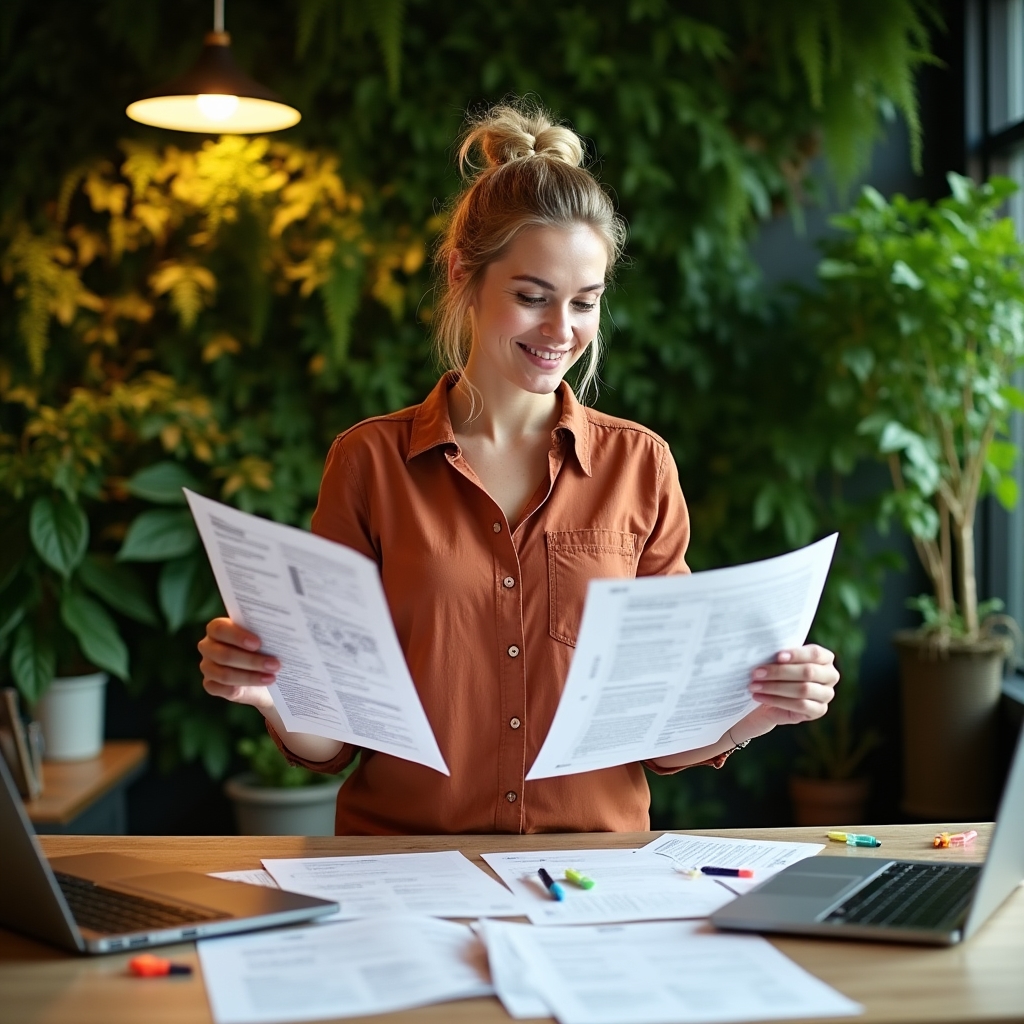 A person in their mid-30s comparing printed content format analysis sheets side by side on a wide desk in a sunlit office with living wall in background