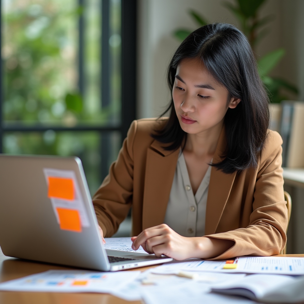 A person in their early 40s studying printed analytics reports at a wooden desk with sticky notes and a laptop, looking engaged and focused in a bright plant-filled room